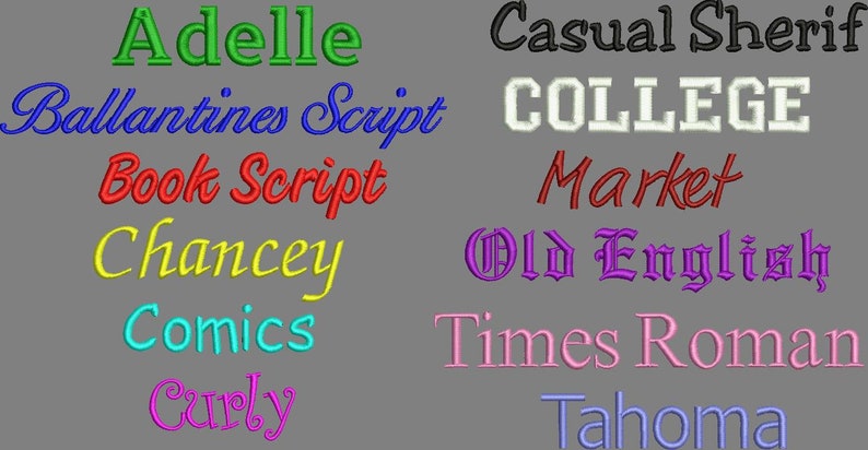 May include: A visual guide to different font styles, including Adelle, Ballantines Script, Book Script, Chancey, Comics, Curly, Casual Sherif, COLLEGE, Market, Old English, Times Roman, and Tahoma.