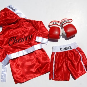 Champion&#39;s Ensemble: Personalized Baby Boxing Robe, Shorts, and Wearable Gloves