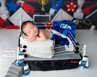 Newborn Knockout Boxing Set: Prop Baby Boxing Ring + Personalized Robe, Shorts and Mini Gloves– Perfect for Baby Photo Shoots