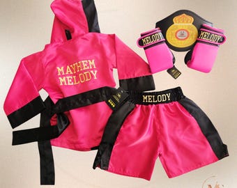 Baby Girl Newborn Boxing Outfit Personalized – Choose Individual Items or Complete Outfit | Custom Embroidered Robe, Shorts & Gloves