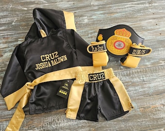 Personalized Baby Boxing Set – Choose Individual Items or Complete Outfit | Custom Embroidered Robe, Shorts & Gloves