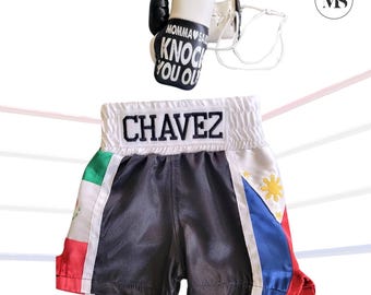 Baby Boxing Set - Personalized Mini Gloves and Shorts Flag Themed: Philippines and Mexico Inspired or any Duo Nationality Combination