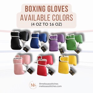 May include: An assortment of boxing gloves in various colors, including black, blue, purple, green, pink, red, and yellow. The text "BOXING GLOVES AVAILABLE COLORS" is displayed above the gloves, with the weight range of 4 to 16 ounces.