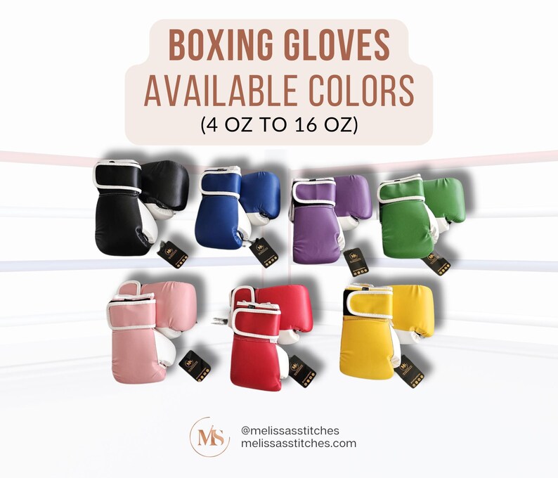 May include: An assortment of boxing gloves in various colors, including black, blue, purple, green, pink, red, and yellow. The text "BOXING GLOVES AVAILABLE COLORS" is displayed above the gloves, with the weight range of 4 to 16 ounces.