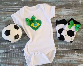 Brazilian flag baby Body suit set ( Body suit + leg warmers+soccer ball)