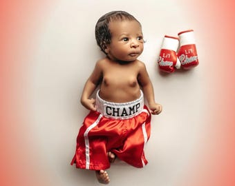 Ready to Ship: 'Champ' Personalized Newborn Boxing Set with mini Gloves and Shorts