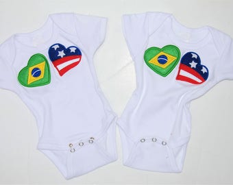 Brazil and USA heartflag baby body suit