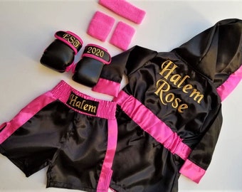 Adorable Baby Girl Boxing Set: Personalized Robe, Shorts, Gloves, and Headband!