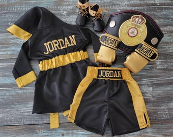 Champion Arrival: Personalized Baby Boxing Robe, Shorts, and Wearable Gloves Set