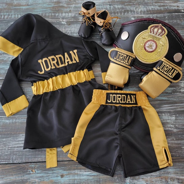 Champion Arrival: Personalized Baby Boxing Robe, Shorts, and Wearable Gloves Set