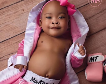 Personalized Baby Girl Boxing Costume – Halloween Outfit with Robe, Shorts & Gloves – Toddler Champion Set – Custom Name Gift