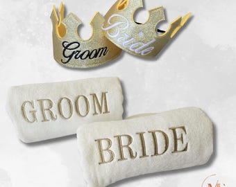 Custom Bride & Groom Towels with Matching Crowns | Personalized Wedding Gift Set | Bridal Shower Gift