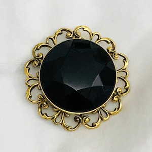 Filigree Gold Tone Metal Black Stone Pin Brooch Pendant Bale Necklace Vintage