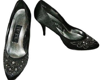 Black Satin Pumps Rhinestone Beaded Heels size 8 Tip Toe Vintage Shoes