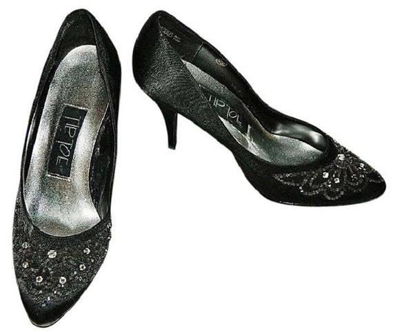 black satin pumps with rhinestones