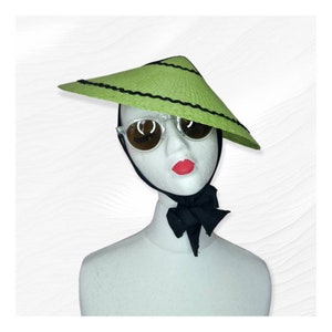 1940's 1950's Style, Lime Green Straw Conical Hat, Black Ric Rac, Black Ribbon, One size