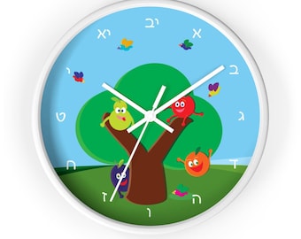 Hebrew Alphabet Kids Wall Clock, Cartoon Fruit Tree