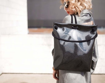 Sparkle black backpack convertible to shoulder bag, elegant rucksack for women, glitter black convertible tote bag, water resistant backpack
