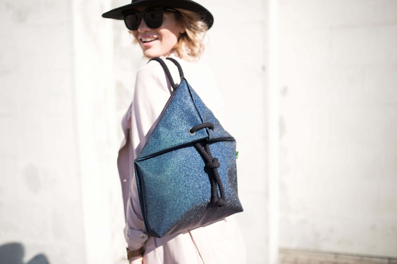 Glitter navy blue backpack for stylish women, roomy tote bag for laptop, convertible sparkle backpack, rectangle backpack, blue rucksack image 4