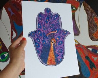 Peacock Art, Peacock Hamsa, Hamsa Hand Art, Hamsa Wall Art,Hamsa Print,Peacock Drawing,Peacock Art Print,Boho Art,Bird Art,Peacock Decor