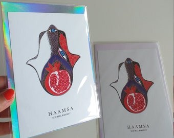 Hamsa Greeting Card, Pomegranate Art, Hamsa Postcard, Design Art Card  Stationary, Pomegranate Design, Rosh HaShana, Museum card, Size A6