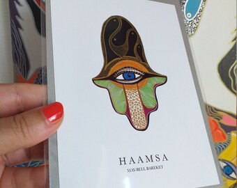 Hamsa Greeting Card, Hamsa Hand art, Designer Art Card with envelope, Stationary, Design Card, Museum Shop Postcard, Size A6