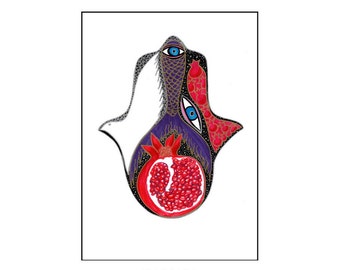 Hamsa Hand Art Print, Pomegranate, Modern Judaica Wall Art (A4/A3)