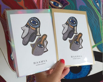 Greeting Card with Hamsa Hand, Hamsa Art, Khamsa, Design Art Card, Judaica, Modern Judaica, Stationary, Design Card, Museum Shop Postcard,