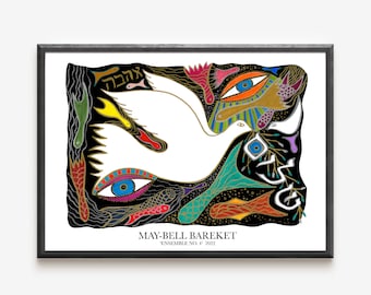 Shalom Peace Dove Art Poster, Colorful Doves, Ahava Love, Danish Design Wall Art
