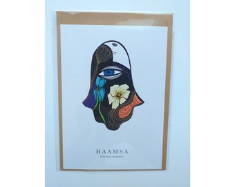 Greeting Card with Hamsa Hand, Designer Art Card with envelope, Stationary, Design Card, Museum Shop Postcard, Size A6