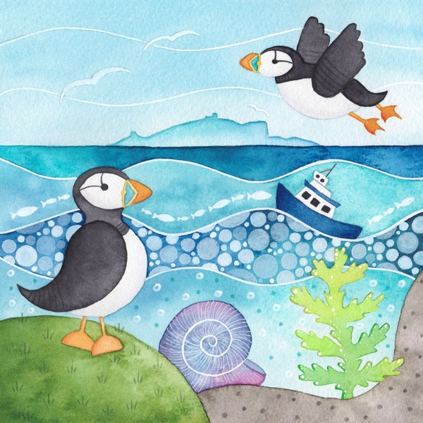 Framed Puffin Print Wall Art. Scottish Seaside Watercolour Painting. Coastal Gifts. Beach Decor. Isle of May East Neuk of Fife Scotland.