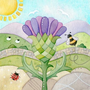 May include: A watercolour illustration of a Scottish thistle in a sunny landscape. The flower is purple and green, with a bumblebee and ladybug. Rolling hills, sheep, and a stone wall are also depicted in the scene.
