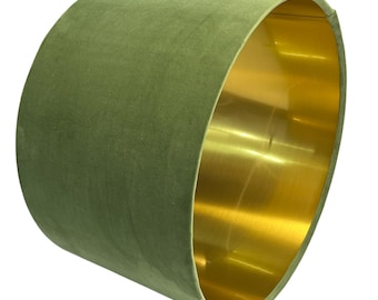 Olive Green Velvet Drum Lampshade, Brushed Gold Lining, Handmade Table Lamp Shade or Ceiling Pendant Shade