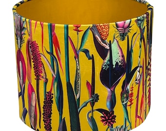 Botanical Velvet Lampshade with Mustard Gold Lining, Handmade Lampshades, Table Lampshades, Handmade Lamp Shade, Yellow Lampshade