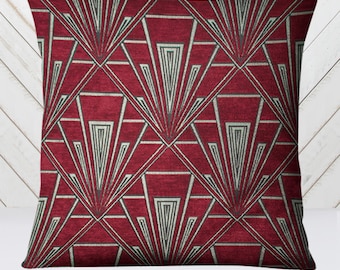 Art Deco Red Chenille Velvet Cushion Cover, Gatsby Style, 17 inch Square Pillow