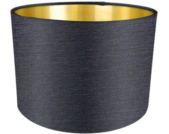 Pantalla de tela color carbón, oro cepillado, pantallas de lámparas hechas a mano, pantallas de lámparas de mesa, pantallas de lámparas de techo, pantalla negra, pantalla de lámpara hecha a mano