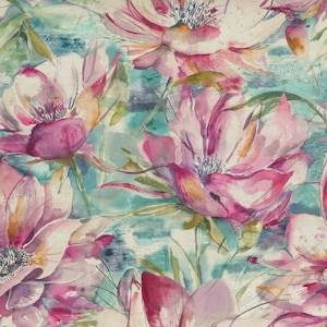 May include: Watercolor painting of pink and purple flowers with green stems and leaves on a light blue and beige background.