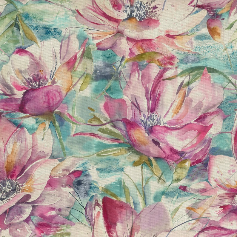 May include: Watercolor painting of pink and purple flowers with green stems and leaves on a light blue and beige background.