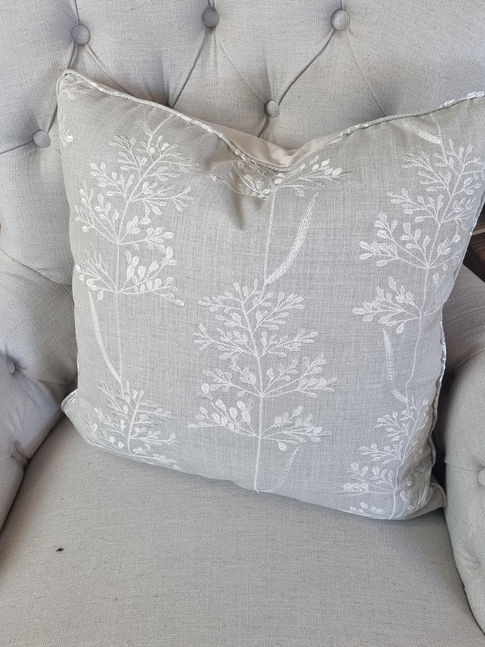 Extra Large Embroidered Floral Cushion Cover with Piping Pillow Cover Grey Cushion Cotton Cushion 23 inch square