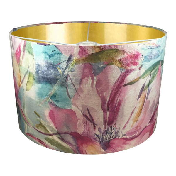 Abat-jour floral fait à la main, intérieur en or brossé, lampe design en tissu, lampe à tambour, abat-jour en tissu multicolore, fleur sombre