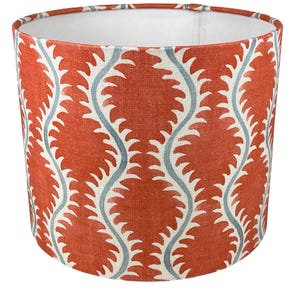 May include: A red and blue patterned lampshade with a white background. The pattern is a repeating design of stylized leaves.