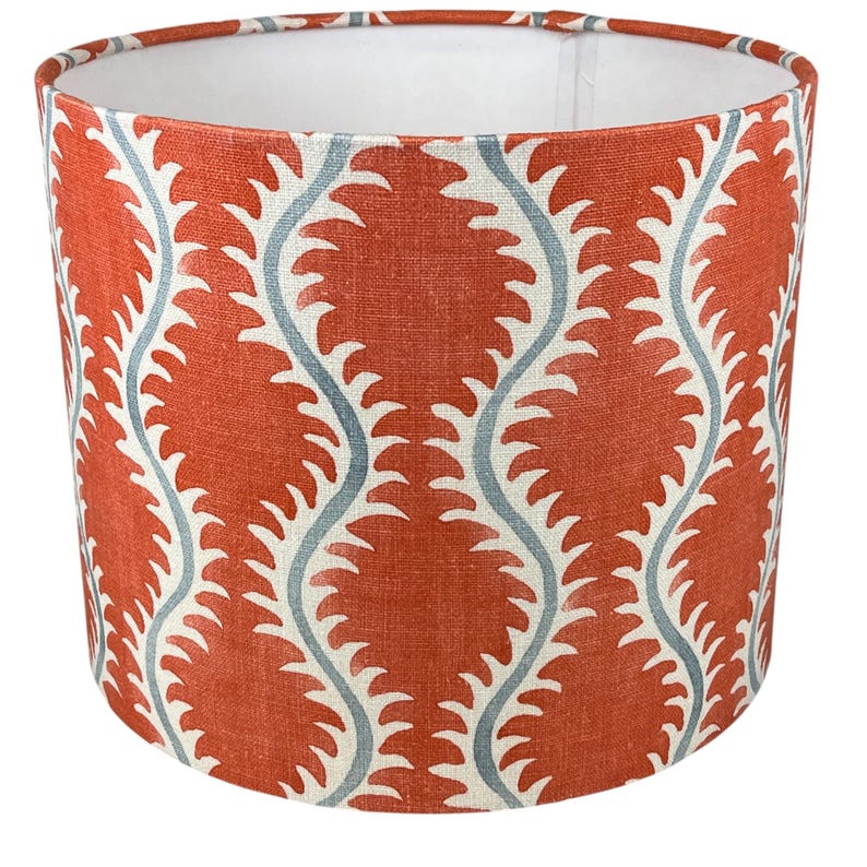May include: A red and blue patterned lampshade with a white background. The pattern is a repeating design of stylized leaves.