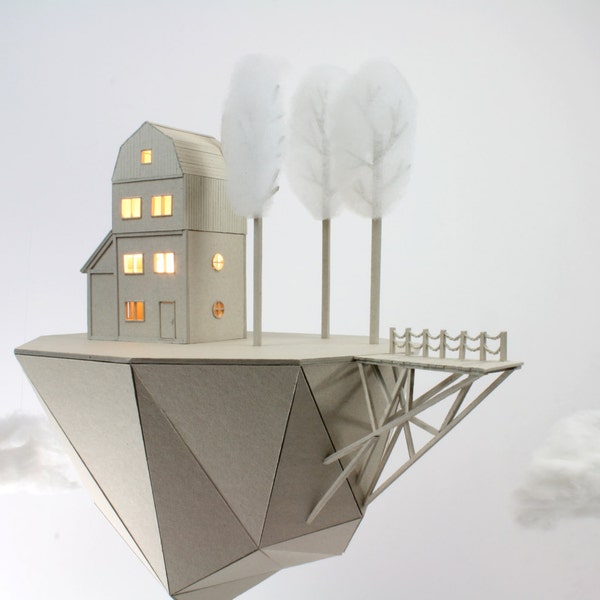 Floating island with house and trees cardboard lamp