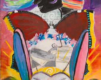 May include: A multi-layered painting featuring a black silhouette profile at the top with rainbow-colored hair, a central white profile adorned with blue and pink flowers, and a pair of hands at the bottom holding a small nest against a sunset.