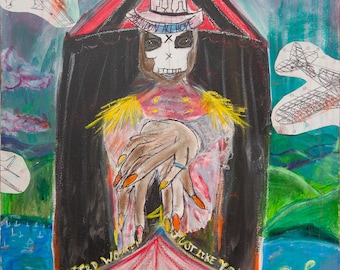 May include: A mixed-media painting featuring a central skull-faced figure in a military-style jacket with yellow epaulets, positioned under a large eye. The artwork includes text like BE A GOOD GIRL, ABANDON ALL HOPE, and WEIRD WOMEN JUST LIKE YOU.