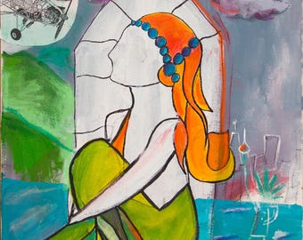 May include: A mixed-media painting featuring a stylized figure with long orange hair and a blue beaded headband, wearing a green garment. The composition includes a black and white technical drawing of an airplane, purple clouds, and a city skyline.