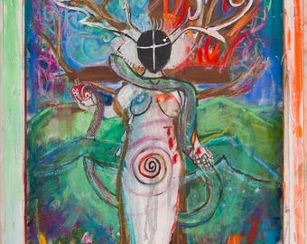 May include: A mixed media painting on canvas featuring a central figure with large antlers, a black circular head, and a snake wrapped around the torso. The figure holds a red apple against a background of a cross, green hills, and colorful flowers.