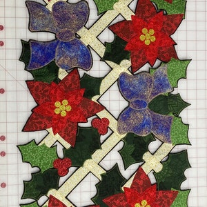 Poinsettia and Holly Lattice Table Runner Cotton Fabric Appliqued on Black Felt