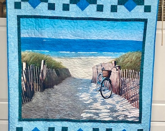 Beach Scene with Bicycle in the Sand Handmade Quilt 50" W x 72" L