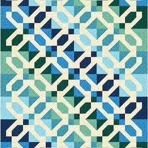 Puede incluir: Un patrón geométrico con un diseño repetitivo de cuadrados y diamantes azules, verdes y blancos. El patrón está sobre un fondo crema.